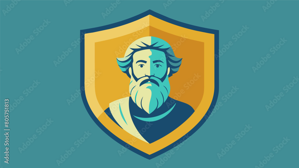 Poster a shield adorned with the image of a stoic philosopher reminding the bearer to seek wisdom and pract