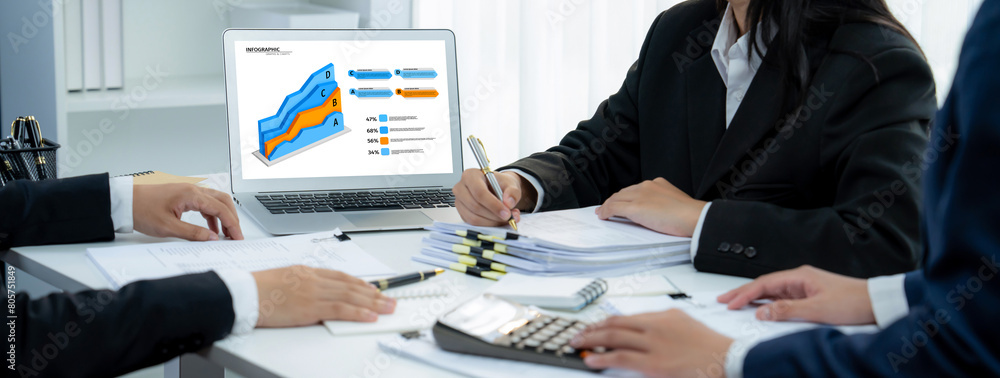 Poster business intelligence analyst team use bi software on laptop to analyze financial data dashboard. bu