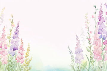 Side panel decoration of tall foxgloves and wild grasses for wedding card, watercolor cartoon