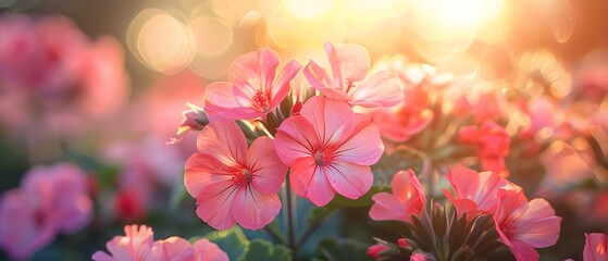 A cloes shot of vibrant pink Geranium flower with a blurry nature backdrop with space for text or product background, Generative AI.