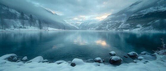 Fototapeta premium Cold Mountain Lake. Illustration On The Theme Of Nature And Landscapes, Ecology And Travel. Generative AI 