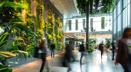 Naklejka premium an office space with glass walls and green plants on the wall. People walking around in motion blur wearing business attire