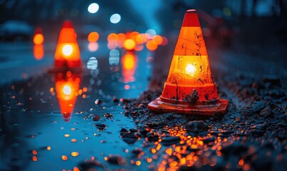 The road is closed. A lone traffic cone stands in the rain, its reflective stripes glowing in the headlights of passing cars.