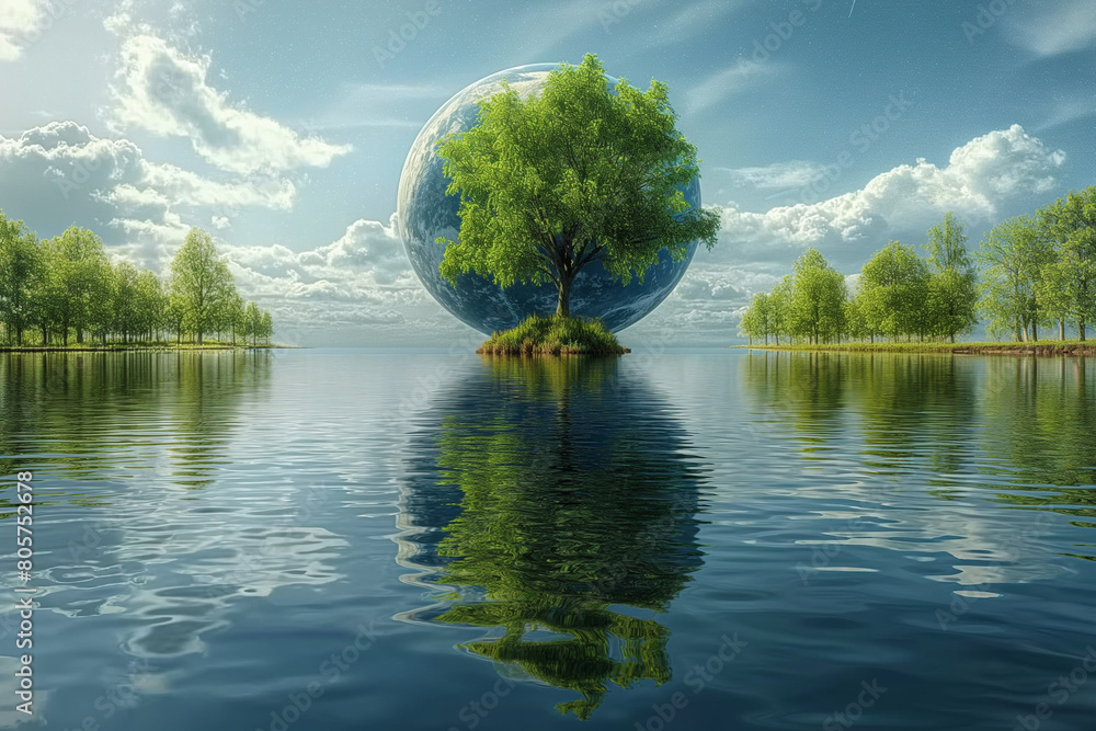 Aufkleber a tree is floating on a lake with a large blue globe in the middle