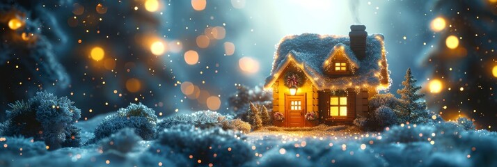 Christmas house in winter snowy forest. holiday Christmas ornament decoration, Copy space. banner and poster.