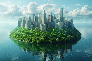 Obraz premium A city is reflected in the water, with a green island in the middle