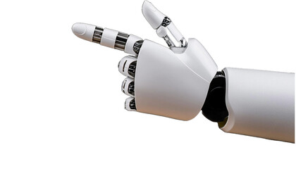 White cyborg robotic hand pointing his finger - 3D rendering isolated on free PNG background.