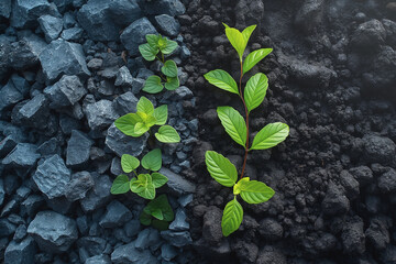 Two plants growing in a rocky area, one is green and the other is black - Powered by Adobe