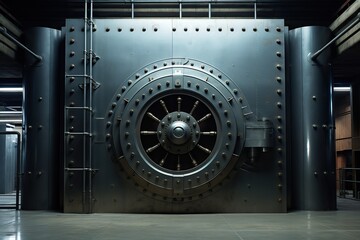 Vault bank door in storage room. AI generated image.