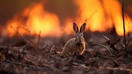 A terrified hare races through the flames, fur singed, eyes wide with fear