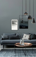 Minimalist gray living room interior with a gray sofa, copper coffee table and hanging lamps on the wall