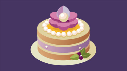 An elegant dessert adorned with edible flowers and pearls and featuring stacked layers with delicate etchings reminiscent of vinyl records. Vector illustration