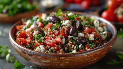 Quinoa salad with feta and olives, quick and nutritious.