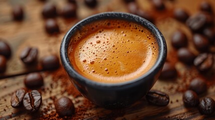 Espresso shot with coffee beans, quick caffeine fix.