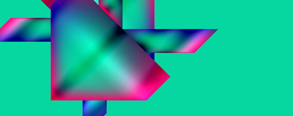A vibrant geometric design featuring colorful triangles and rectangles in magenta and electric blue hues on a green background, creating a symmetrical pattern with varying tints and shades