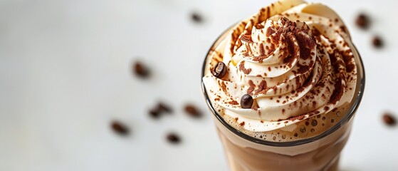 Decadent coffee frappé with chocolate chips and whipped cream in a take-out cup set over a white...