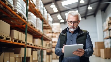 Meticulous accountant ensuring accurate record-keeping amidst the warehouse chaos. A middle-aged man stands in a warehouse with a tablet computer and checks the statements for the presence of goods
