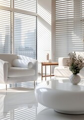 Modern living room interior with a white sofa and armchair, a coffee table on a polished floor, a window with blinds behind