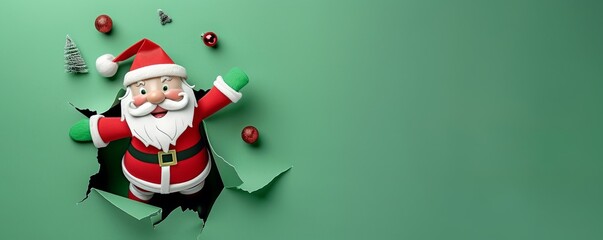joyful santa claus emerging from a crack in an green wall