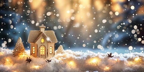 Fototapeta premium Christmas house in winter snowy forest. holiday Christmas ornament decoration, Copy space. banner and poster.
