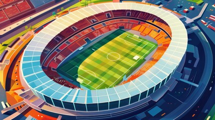 A stadium with a green field and a white roof