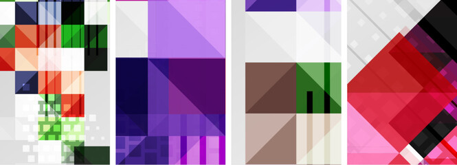 A collage featuring four different colored squares in shades of purple, violet, pink, and magenta on a white background, creating a striking pattern of shapes