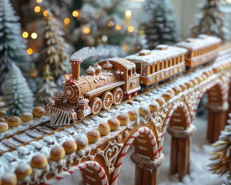 Enchanted gingerbread train crossing a candy cane bridge