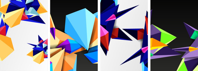 An artistic composition of triangles, rectangles, and geometric patterns in electric blue and magenta hues, creating a symmetrical design on a black background