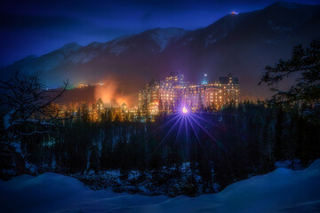 Beautiful mountain view with Fairmont Banff Springs Hotel, located in Banff National Park, Alberta...