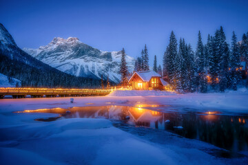 Beautiful mountain view with Emerald lake in Canada during winter time. Almost of entire lake has...