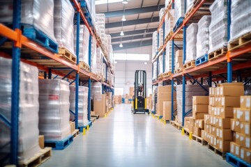 Product distribution center. Photo of a large retail warehouse full of shelves with goods in cartons, with pallets and forklifts. Logistics and transportation blurred background. Format photo 3x2.