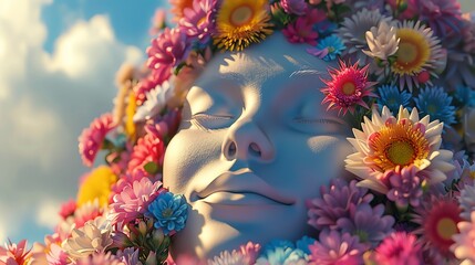 A 3D visualization of a happy, smiling human face where the mind visibly flourishes with a bouquet of colorful flowers