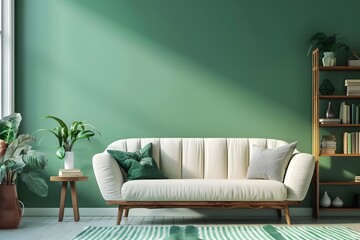 Sofa and bookcase near green wall. Scandinavian interior design of modern living room, home. Soft...