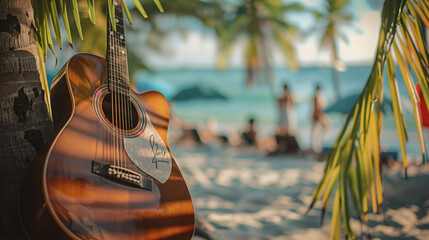 guitar leans casually against a palm tree, evoking the laid-back vibes of a summer vacation