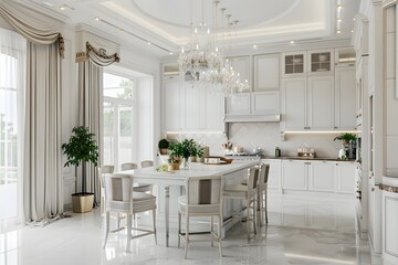 Fototapeta premium White kitchen with island and dining area in a luxury home. soft tone