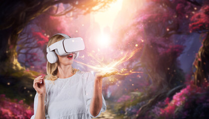 Girl with VR goggles and standing while holding light flare and standing at magical forest. Woman...