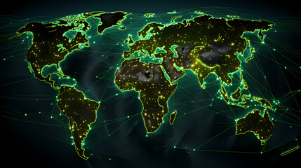 Digital map, glowing connections between cities around the world