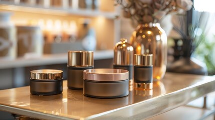 Obraz premium Elegant Cosmetic Containers on Chic Display Shelf