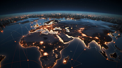 Digital map, glowing connections between cities around the world