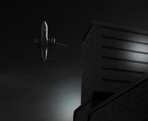 A reworked modern architectural image featuring ample empty space to place text with a plane....