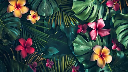 Tropical palm leaves and flowers on a summer abstract background. Refreshing design concept