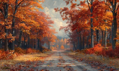 A beautiful fall landscape with a winding road through a forest of red and orange trees. The leaves are falling from the trees and the sun is shining through the clouds.