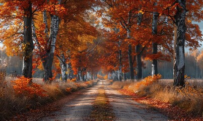 Obraz premium Take a walk down this beautiful fall path and enjoy the colorful leaves