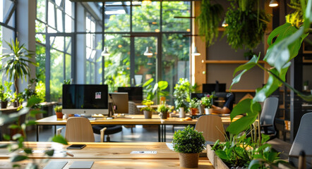 A modern office space with wooden furniture and green plants, featuring an indoor garden in the corner of one wall. The room has large windows that flood it with natural light