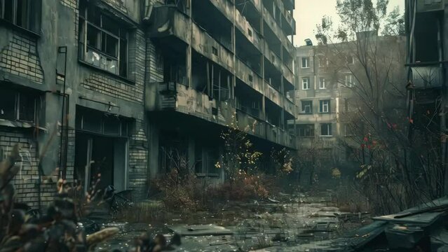 A desolate cityscape with a river running through it
