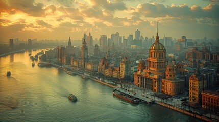 Sunset over a historic city skyline with domed buildings and a bustling river, capturing a blend of...