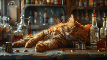 A warm, inviting scene of a sleeping ginger cat on a bar, nestled among assorted bottles and soft lighting that highlights its fur.