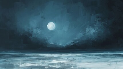 Ethereal night scene painted in shades of blue featuring a bright, full moon illuminating a serene landscape.