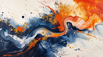 Vivid abstract artwork featuring fiery waves of orange and blue, interspersed with dynamic splatters and swirls.