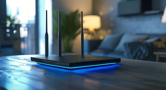 Next-generation router with a sleek, modern design, illuminating a room with data light streams,